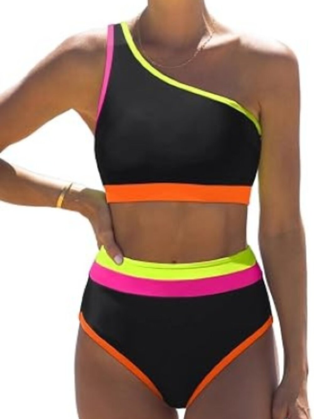Popvil Women's One Shoulder Swimsuit Neon 2 Piece High Waisted Bikini Sets